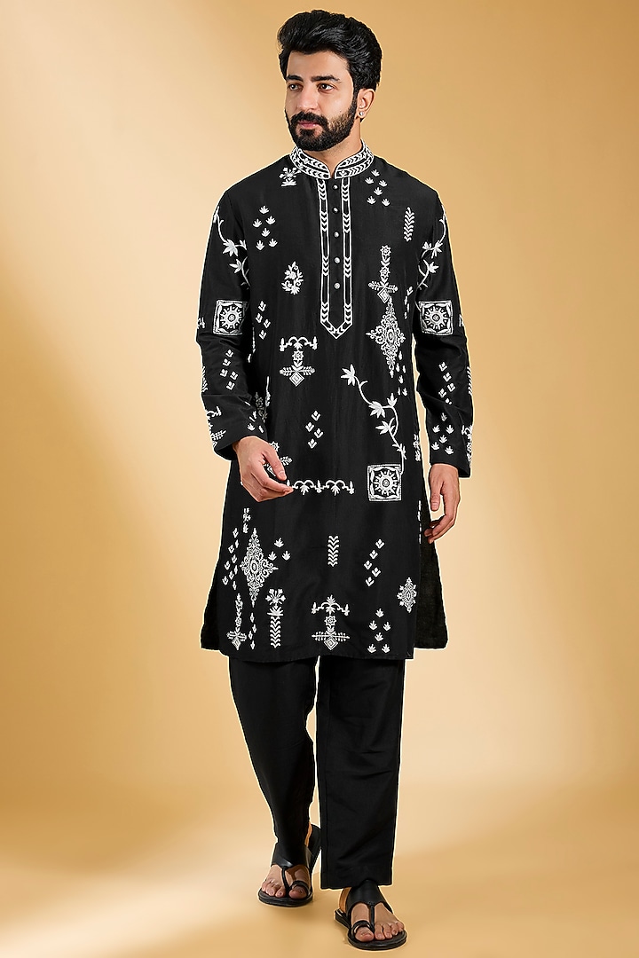 Black Moonga Silk Metal Work Kurta Set by AMIT ARORA at Pernia's Pop Up Shop