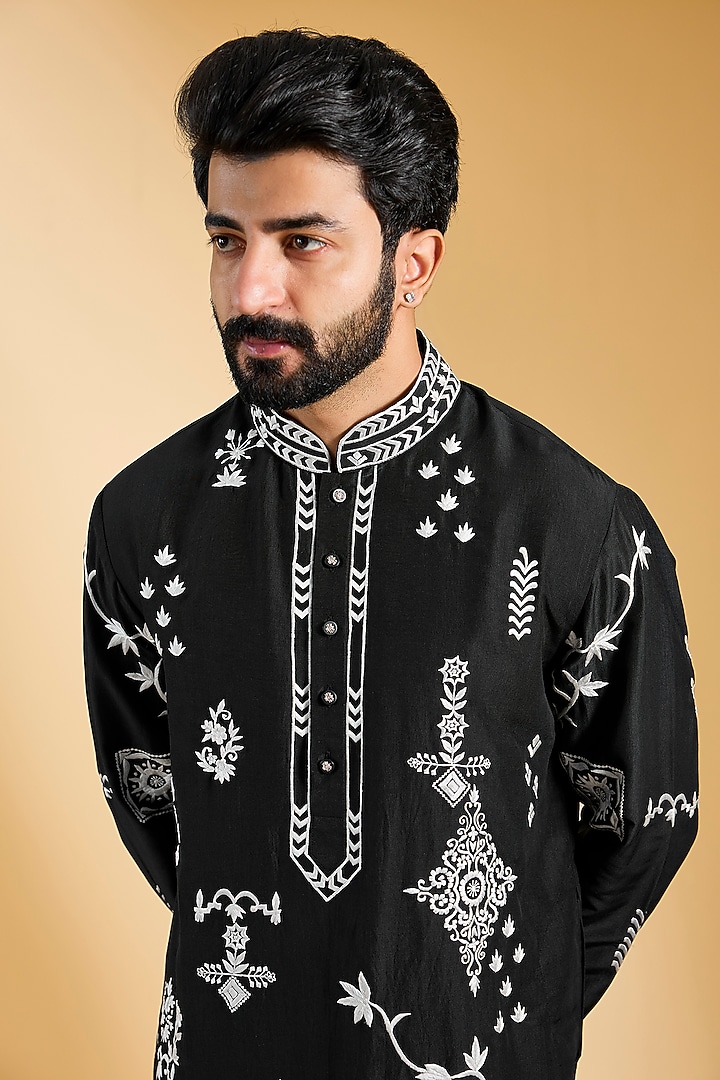 Black Moonga Silk Metal Work Kurta Set by AMIT ARORA at Pernia's Pop Up Shop