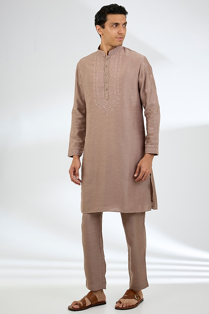 Mouse-Colored Linen Silk Kurta Set by AMIT ARORA