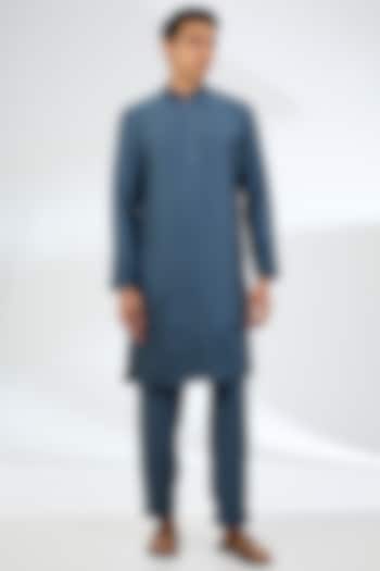 Dark Turquoise Linen Silk Kurta Set by AMIT ARORA