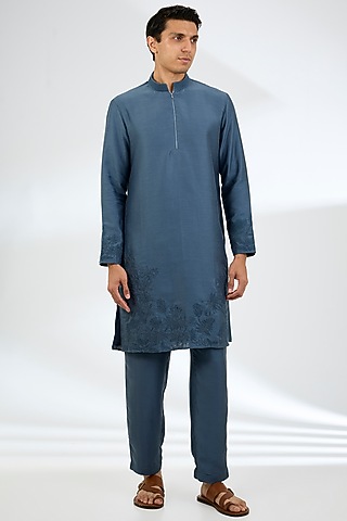 Dark Turquoise Linen Silk Kurta Set by AMIT ARORA
