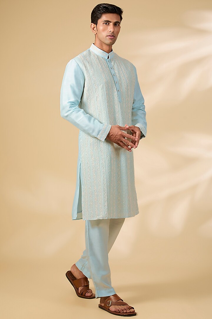 Sky Blue Crochet & Cotton Kurta Set by AMIT ARORA at Pernia's Pop Up Shop