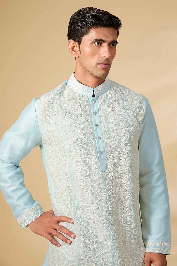 Sky Blue Crochet & Cotton Kurta Set by AMIT ARORA at Pernia's Pop Up Shop