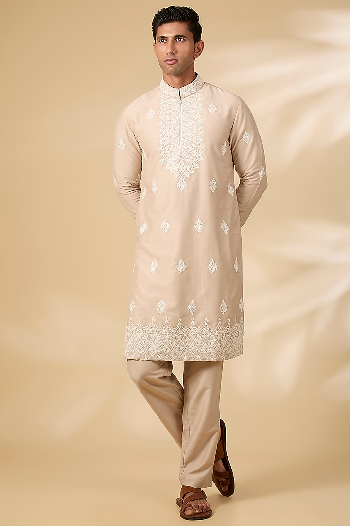 Beige Linen Kurta Set by AMIT ARORA at Pernia's Pop Up Shop