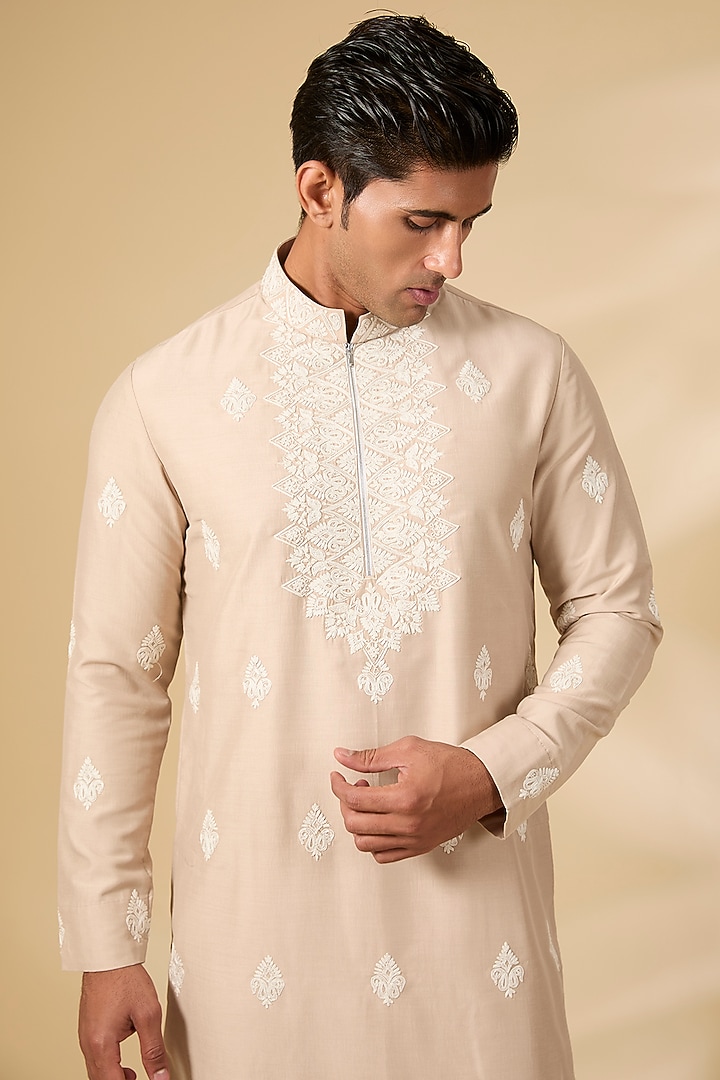 Beige Linen Kurta Set by AMIT ARORA at Pernia's Pop Up Shop