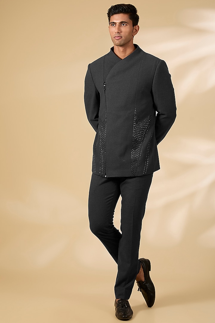 Grey Jacquard Wedding Bandhgala Set by AMIT ARORA at Pernia's Pop Up Shop