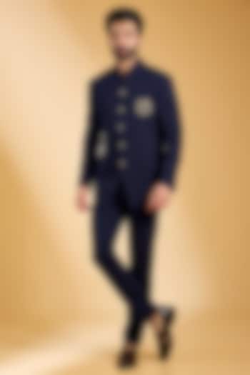 Navy Blue Knit & Cotton Silk Bandhgala Set by AMIT ARORA