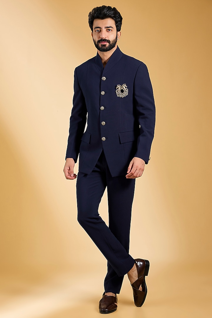 Navy Blue Knit & Cotton Silk Bandhgala Set by AMIT ARORA