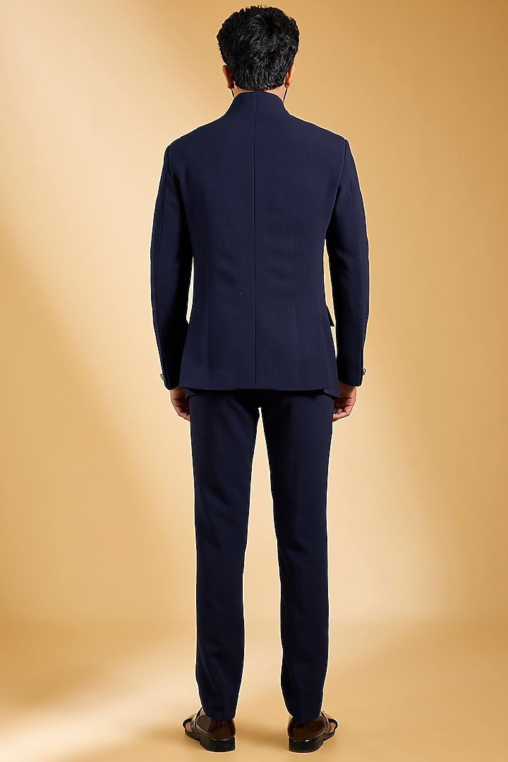 Navy Blue Knit & Cotton Silk Wedding Bandhgala Set by AMIT ARORA at Pernia's Pop Up Shop