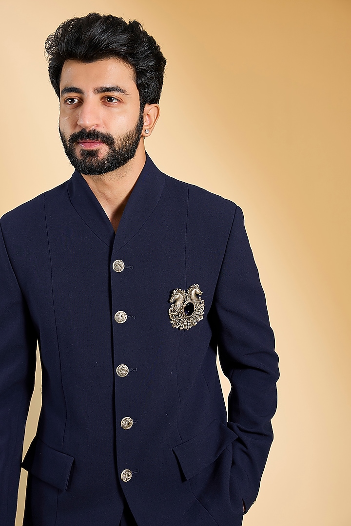 Navy Blue Knit & Cotton Silk Wedding Bandhgala Set by AMIT ARORA at Pernia's Pop Up Shop