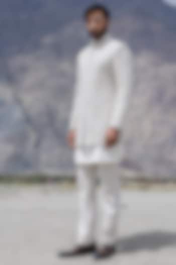 Fawn-Colored Knit Hand Embroidered Groom Indowestern Set by AMIT ARORA at Pernia's Pop Up Shop