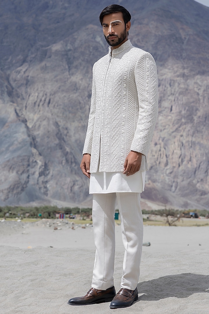 Fawn-Colored Knit Hand Embroidered Groom Indowestern Set by AMIT ARORA at Pernia's Pop Up Shop