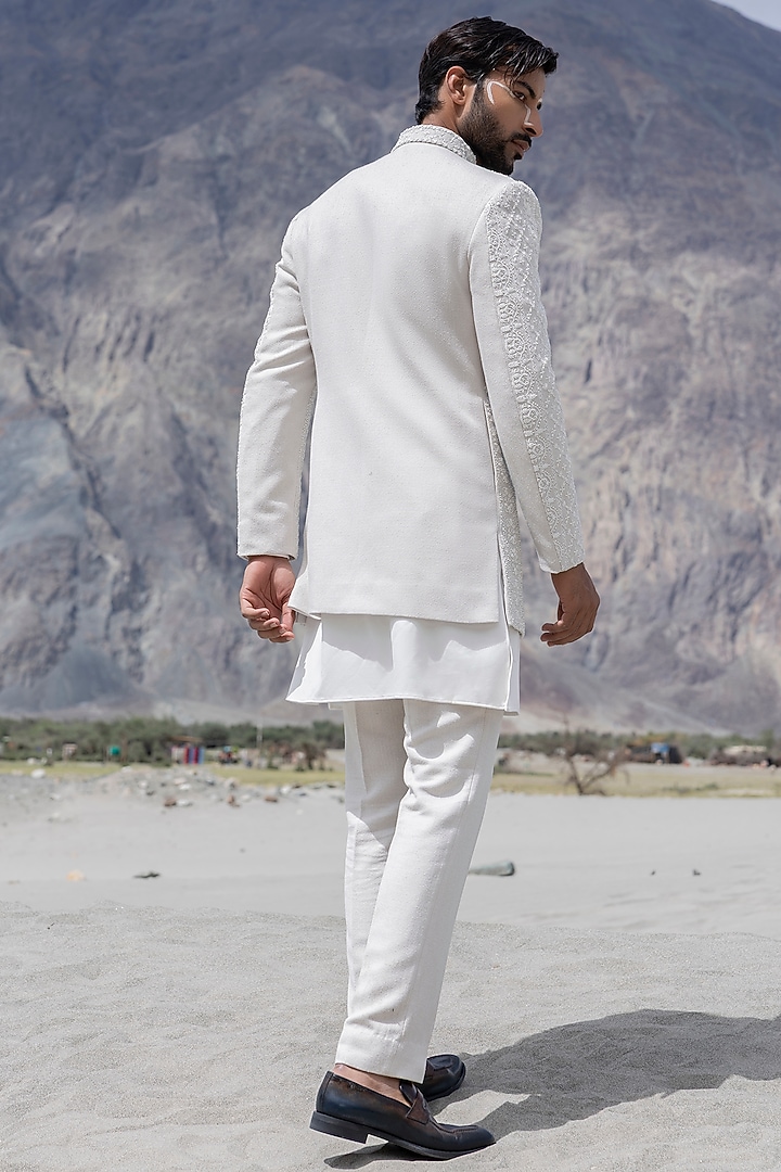 Fawn-Colored Knit Hand Embroidered Groom Indowestern Set by AMIT ARORA at Pernia's Pop Up Shop