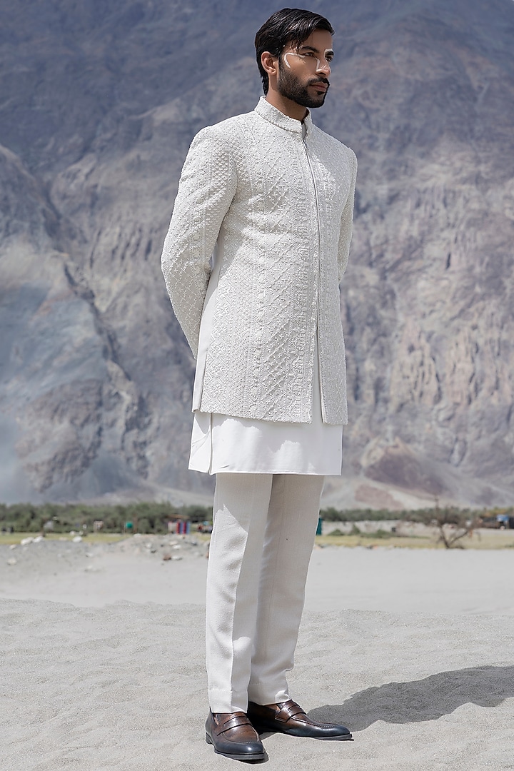 Fawn-Colored Knit Hand Embroidered Groom Indowestern Set by AMIT ARORA at Pernia's Pop Up Shop