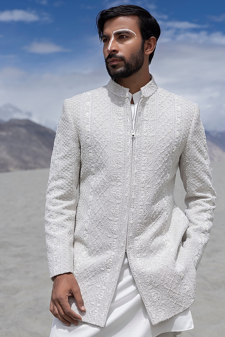 Fawn-Colored Knit Hand Embroidered Groom Indowestern Set by AMIT ARORA at Pernia's Pop Up Shop
