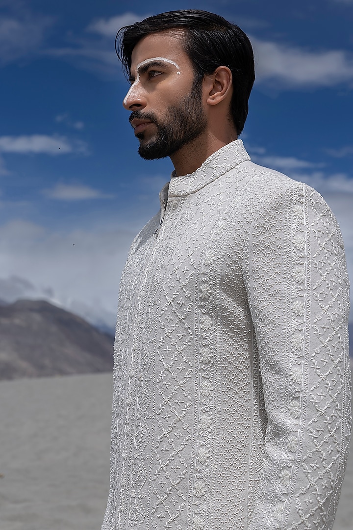 Fawn-Colored Knit Hand Embroidered Groom Indowestern Set by AMIT ARORA at Pernia's Pop Up Shop
