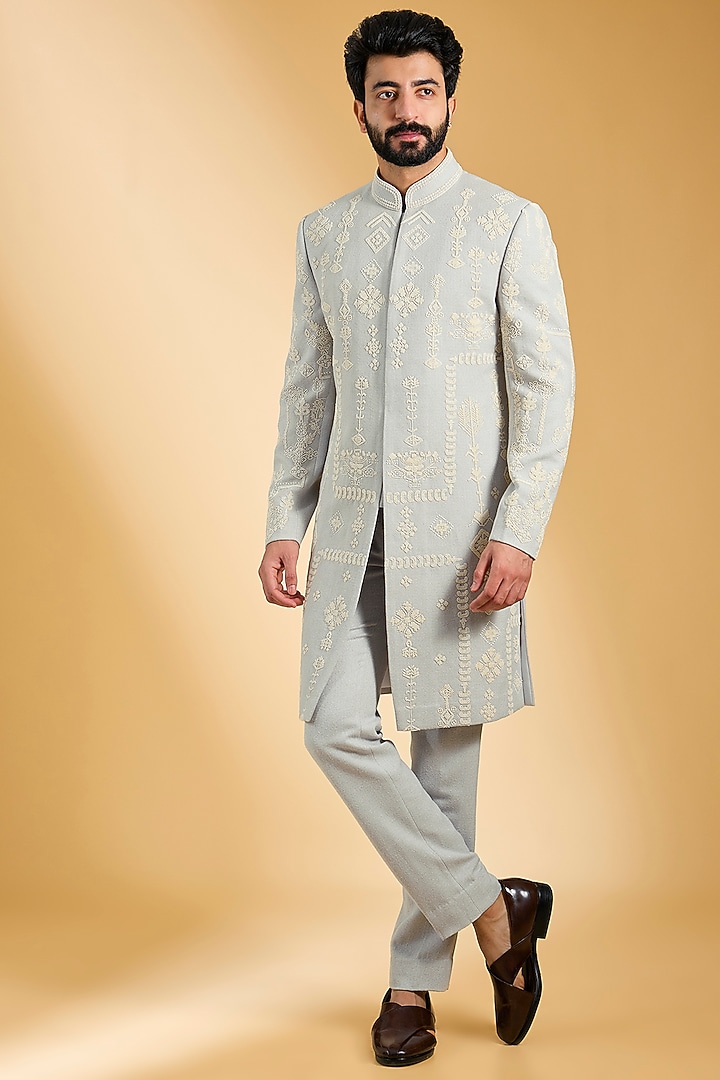 Grey Knit Hand Embroidered Wedding Indowestern Set by AMIT ARORA at Pernia's Pop Up Shop
