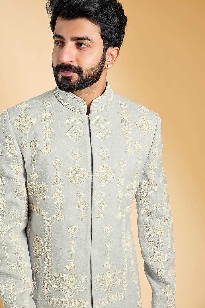 Grey Knit Hand Embroidered Wedding Indowestern Set by AMIT ARORA at Pernia's Pop Up Shop