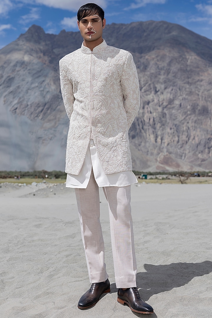Pink Poly Twill Hand Embroidered Groom Indowestern Set by AMIT ARORA at Pernia's Pop Up Shop