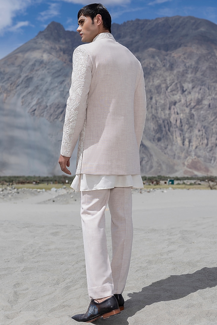 Pink Poly Twill Hand Embroidered Groom Indowestern Set by AMIT ARORA at Pernia's Pop Up Shop