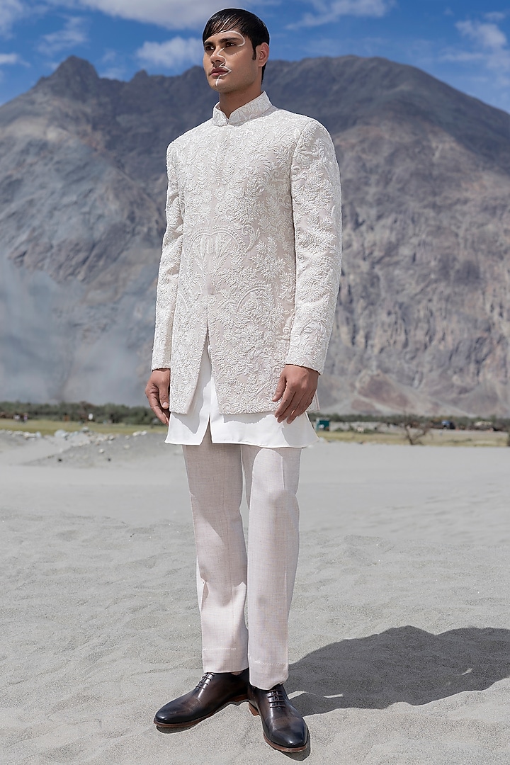 Pink Poly Twill Hand Embroidered Groom Indowestern Set by AMIT ARORA at Pernia's Pop Up Shop