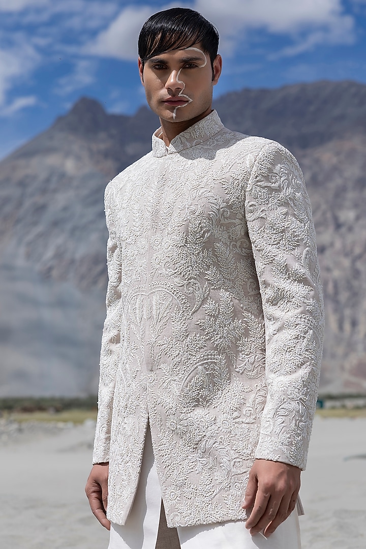 Pink Poly Twill Hand Embroidered Groom Indowestern Set by AMIT ARORA at Pernia's Pop Up Shop