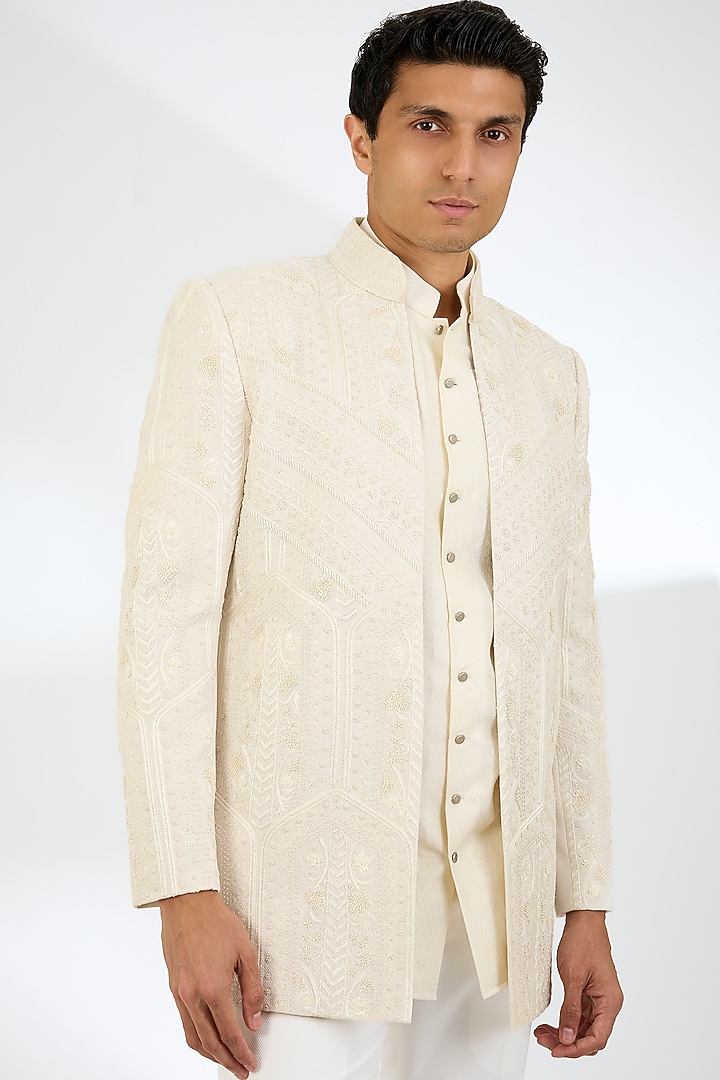 Ivory Silk Groom Indowestern Set by AMIT ARORA at Pernia's Pop Up Shop