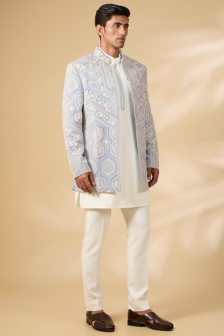 Sky Blue Textured Rayon Wedding Indowestern Set by AMIT ARORA at Pernia's Pop Up Shop