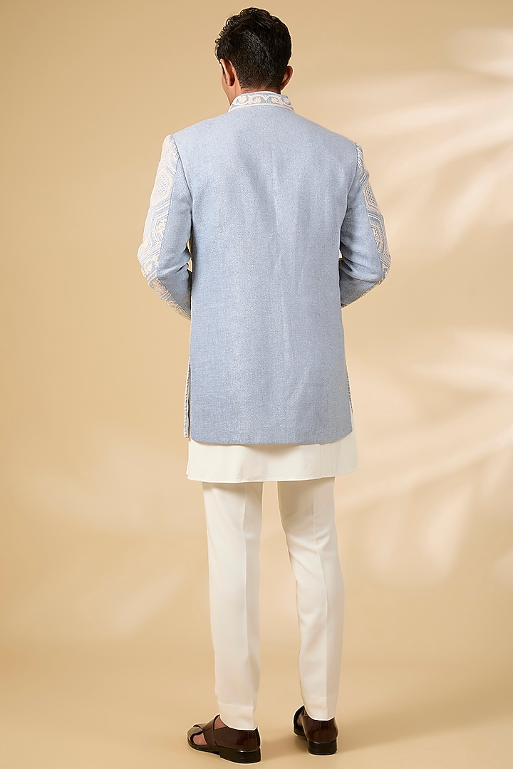 Sky Blue Textured Rayon Wedding Indowestern Set by AMIT ARORA at Pernia's Pop Up Shop