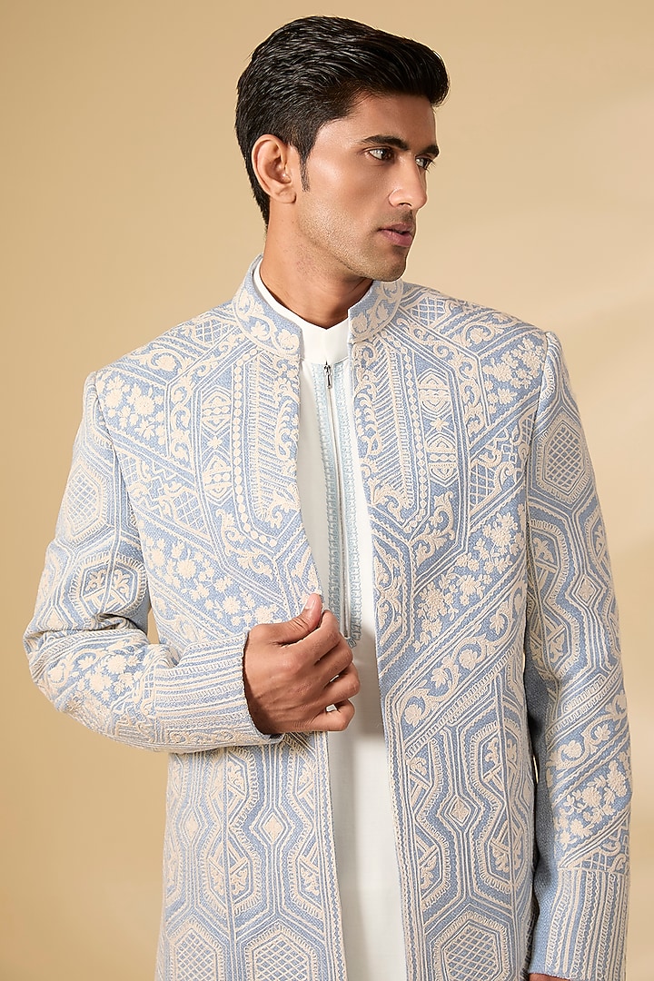 Sky Blue Textured Rayon Wedding Indowestern Set by AMIT ARORA at Pernia's Pop Up Shop