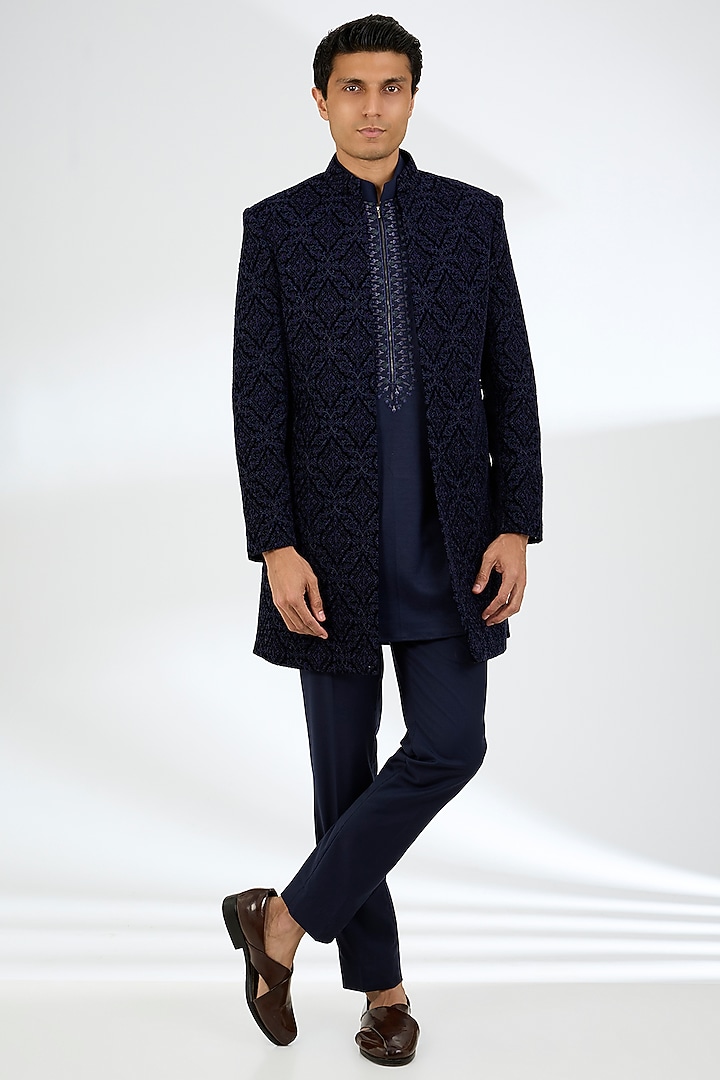 Navy Blue Silk Indowestern Set by AMIT ARORA