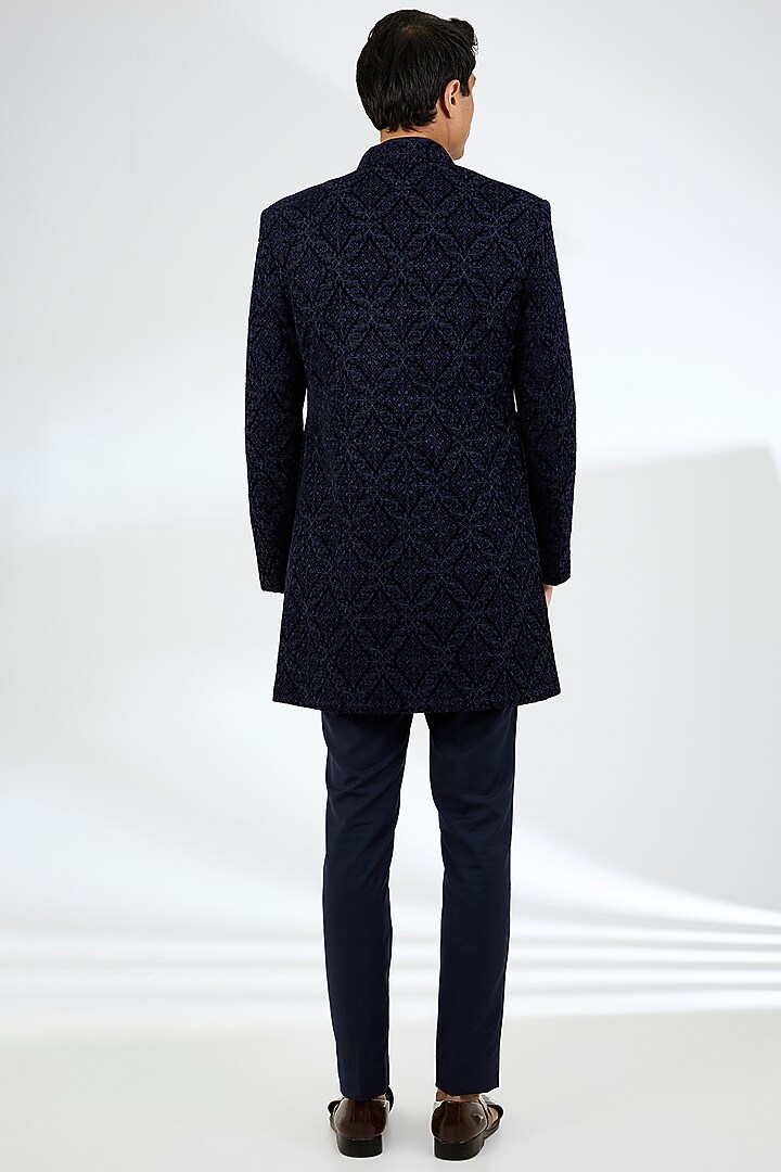 Navy Blue Velvet Wedding Indowestern Set by AMIT ARORA at Pernia's Pop Up Shop
