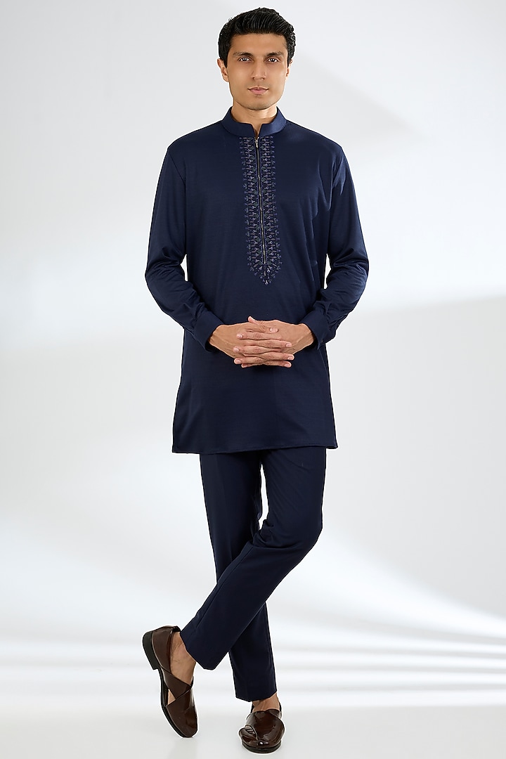 Navy Blue Velvet Wedding Indowestern Set by AMIT ARORA at Pernia's Pop Up Shop
