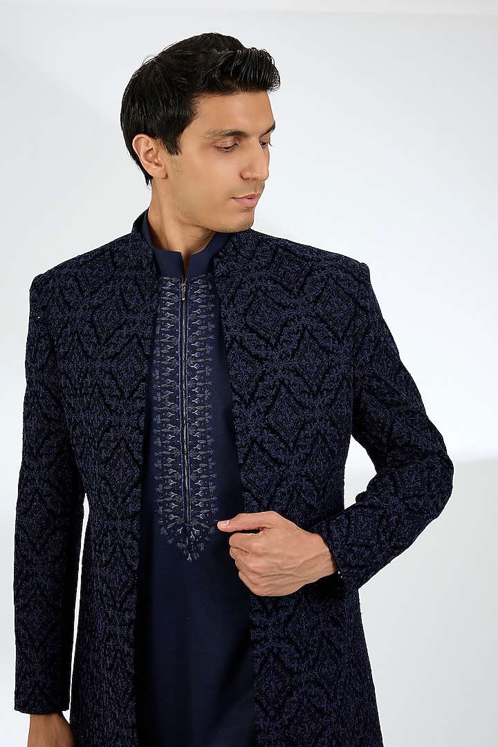 Navy Blue Velvet Wedding Indowestern Set by AMIT ARORA at Pernia's Pop Up Shop