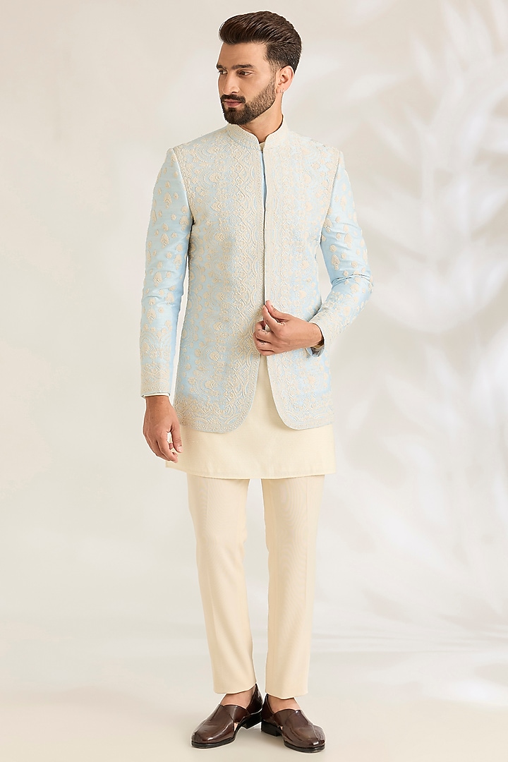 Sky Blue Silk Indowestern Jacket Set by AMIT ARORA at Pernia's Pop Up Shop