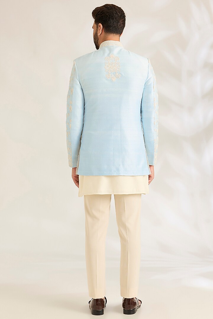 Sky Blue Silk Indowestern Jacket Set by AMIT ARORA at Pernia's Pop Up Shop