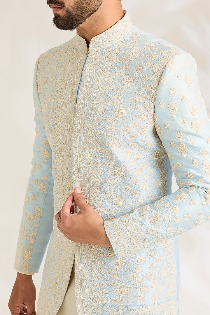 Sky Blue Silk Indowestern Jacket Set by AMIT ARORA at Pernia's Pop Up Shop
