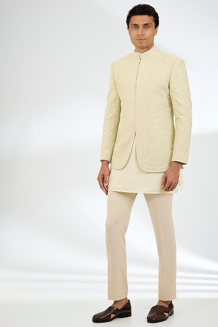 Mint Green Raw Silk Wedding Indowestern Set by AMIT ARORA at Pernia's Pop Up Shop