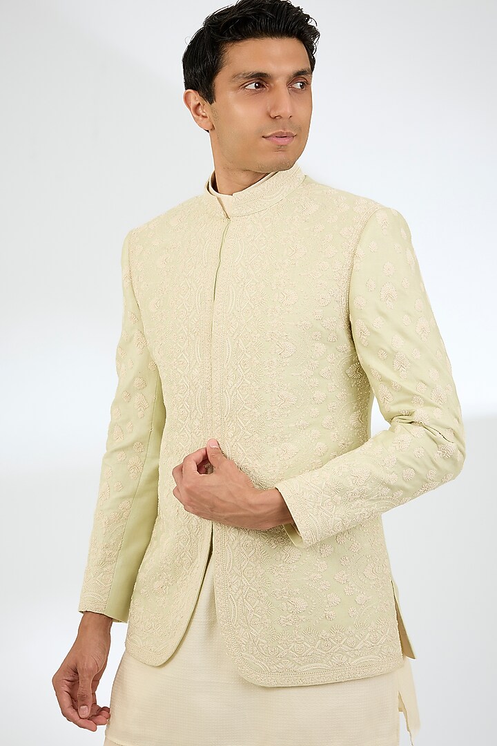 Mint Green Raw Silk Wedding Indowestern Set by AMIT ARORA at Pernia's Pop Up Shop