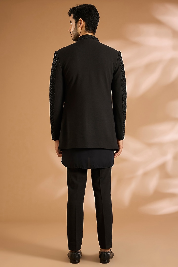 Black Silk Groom Indowestern Set by AMIT ARORA at Pernia's Pop Up Shop