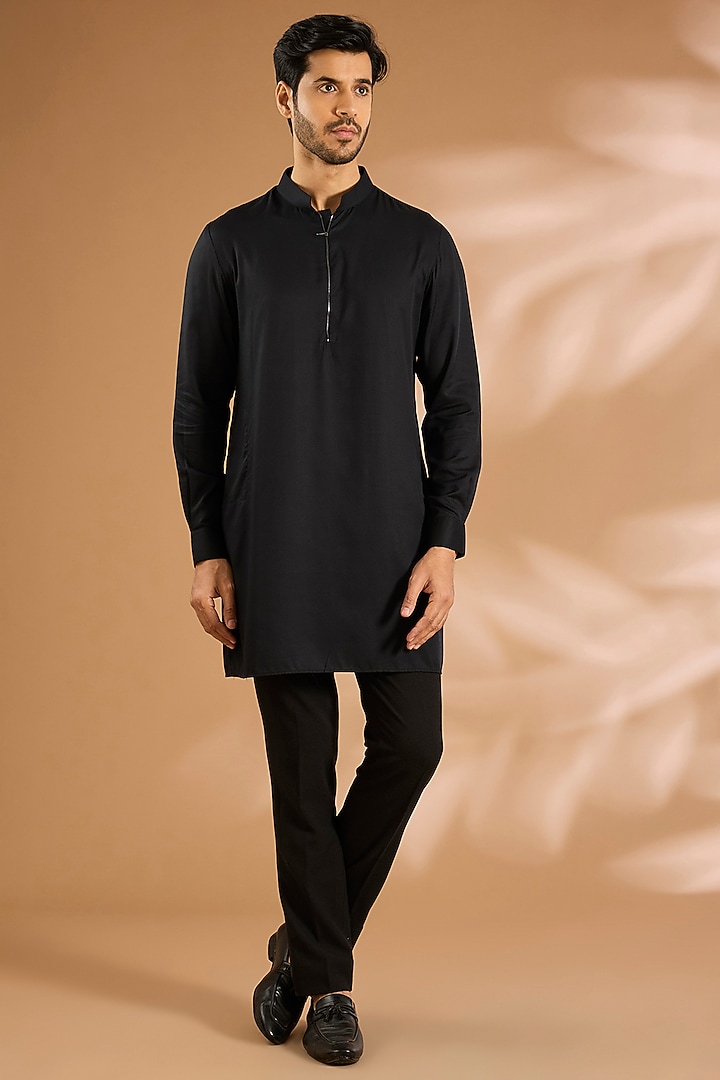 Black Silk Groom Indowestern Set by AMIT ARORA at Pernia's Pop Up Shop