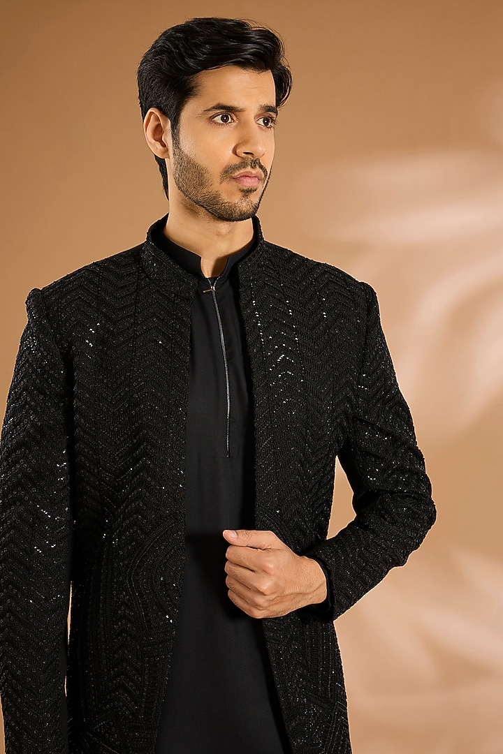 Black Silk Groom Indowestern Set by AMIT ARORA at Pernia's Pop Up Shop