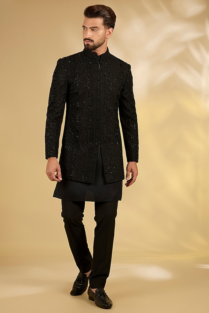 Black Georgette Groom Indowestern Set by AMIT ARORA at Pernia's Pop Up Shop