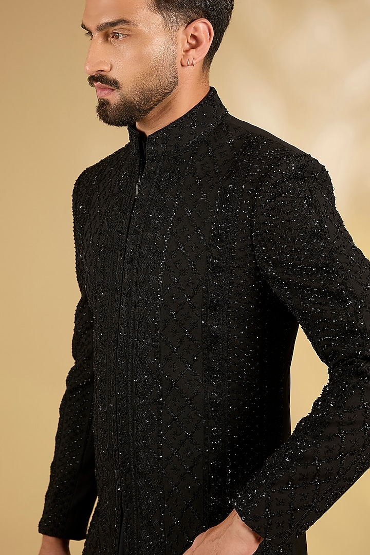 Black Knit Groom Indowestern Set by AMIT ARORA at Pernia's Pop Up Shop