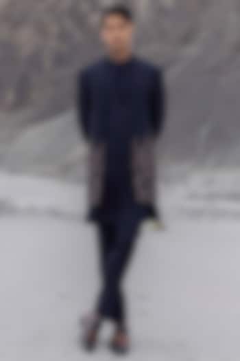 Navy Blue Poly Knit Floral Hand Embroidered Wedding Indowestern Set by AMIT ARORA at Pernia's Pop Up Shop