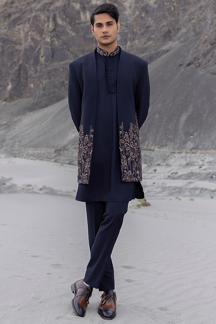 Navy Blue Poly Knit Floral Hand Embroidered Wedding Indowestern Set by AMIT ARORA at Pernia's Pop Up Shop