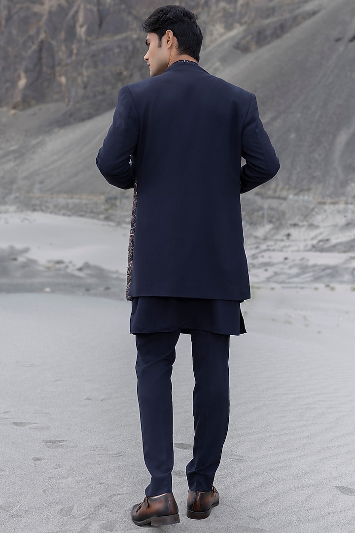 Navy Blue Poly Knit Floral Hand Embroidered Wedding Indowestern Set by AMIT ARORA at Pernia's Pop Up Shop