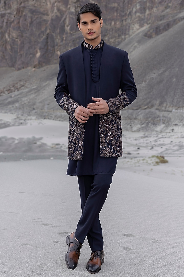 Navy Blue Poly Knit Floral Hand Embroidered Wedding Indowestern Set by AMIT ARORA at Pernia's Pop Up Shop