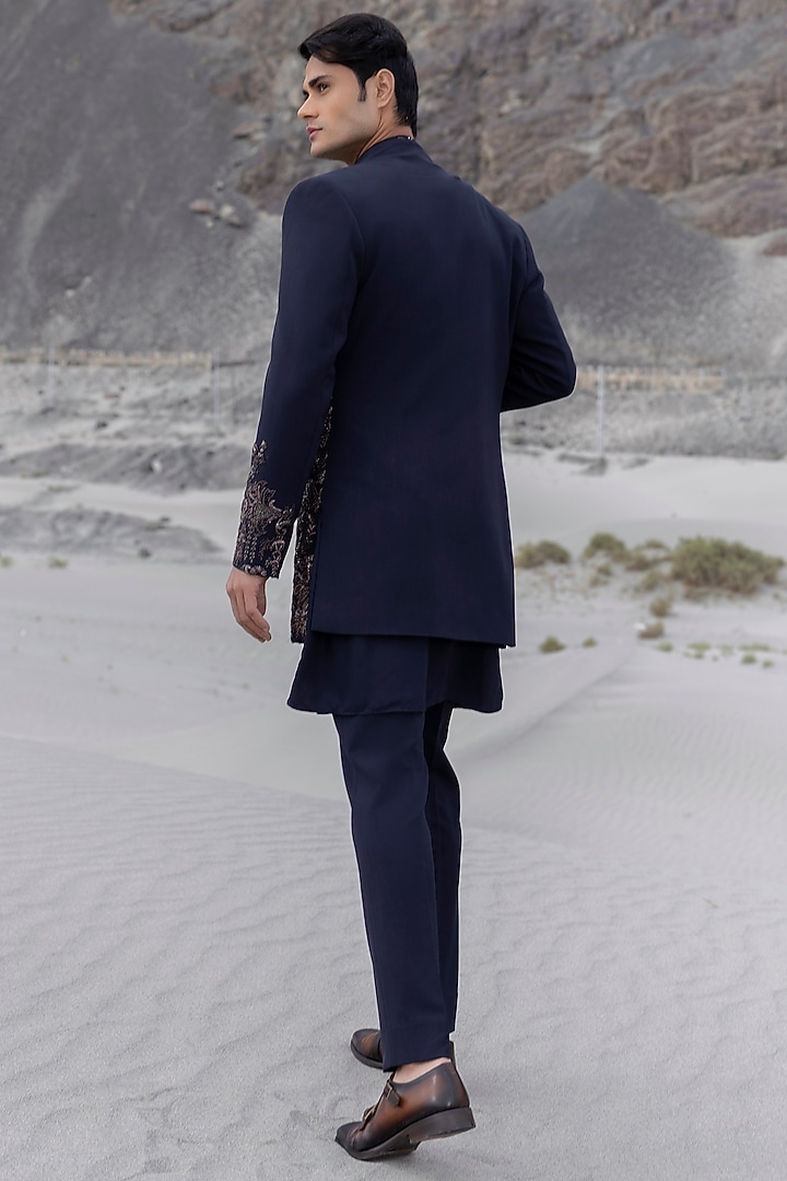 Navy Blue Poly Knit Floral Hand Embroidered Wedding Indowestern Set by AMIT ARORA at Pernia's Pop Up Shop