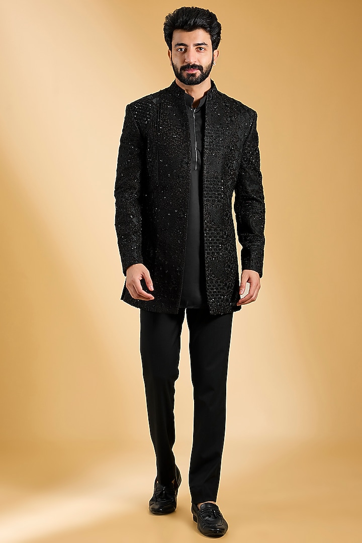 Black Crochet Hand Embroidered Indowestern Set by AMIT ARORA